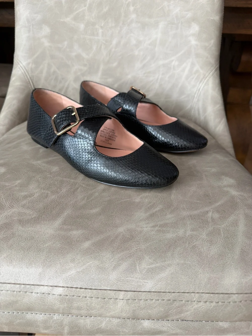 J. Crew Logan Black Textured Mary Jane Flats with Gold Buckle